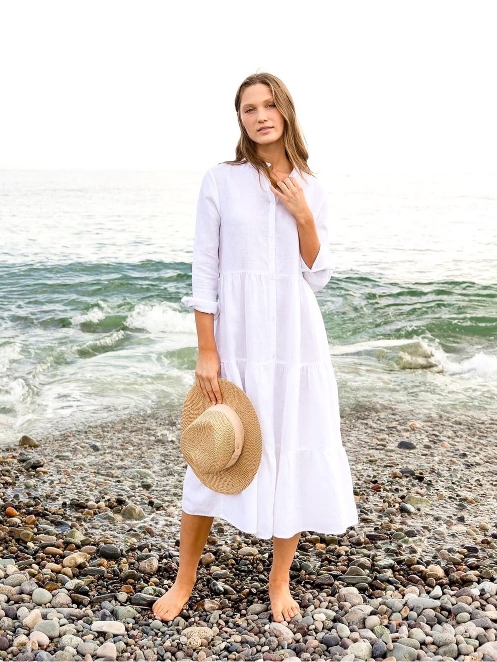 Alice Walk White Linen Ruffle Collar Tiered Midi Dress NWT M
